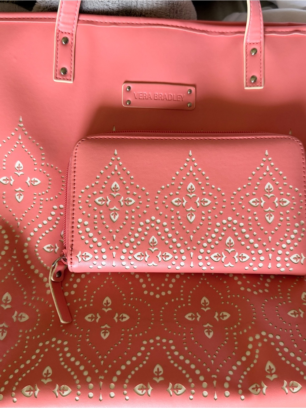 Vera Bradley Coral Pink laser cut tote with Matching Wallet.